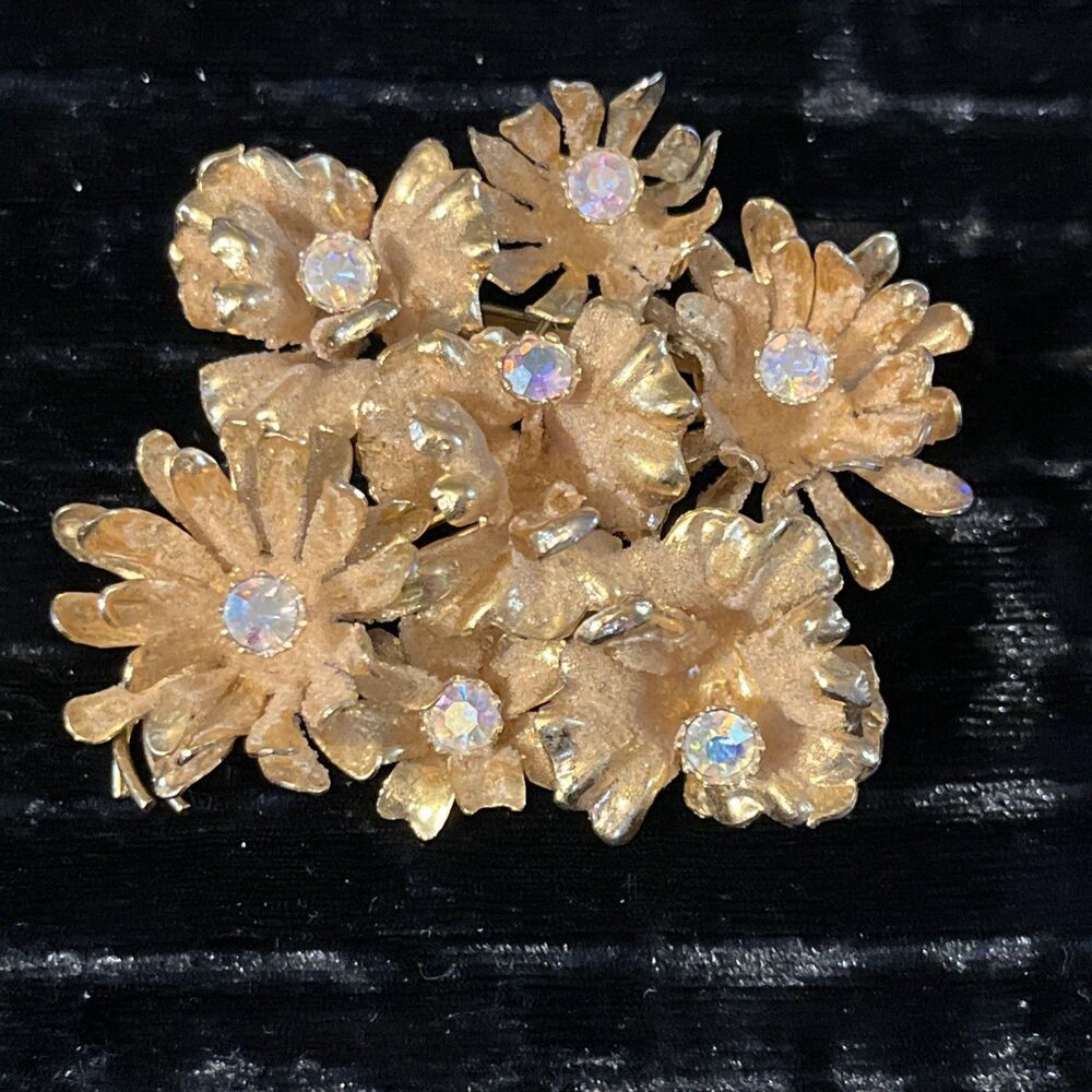 Vintage Made in Austria Aurora Borealis AB Rhinestone Gold Tone Floral Brooch
